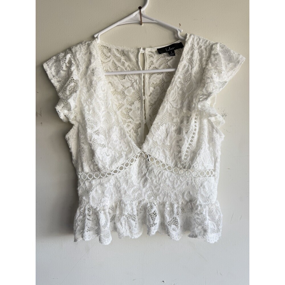 Lulus Lace Against Time Ivory Lace Flutter Sleeve Peplum Top Small